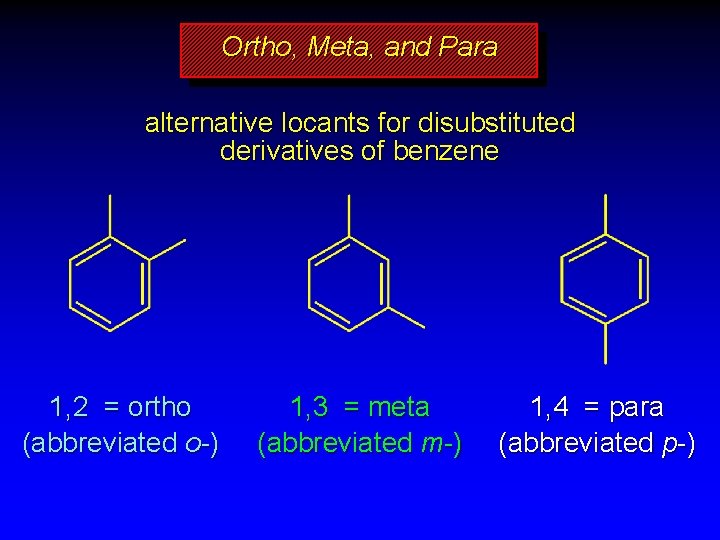 Ortho, Meta, and Para alternative locants for disubstituted derivatives of benzene 1, 2 =