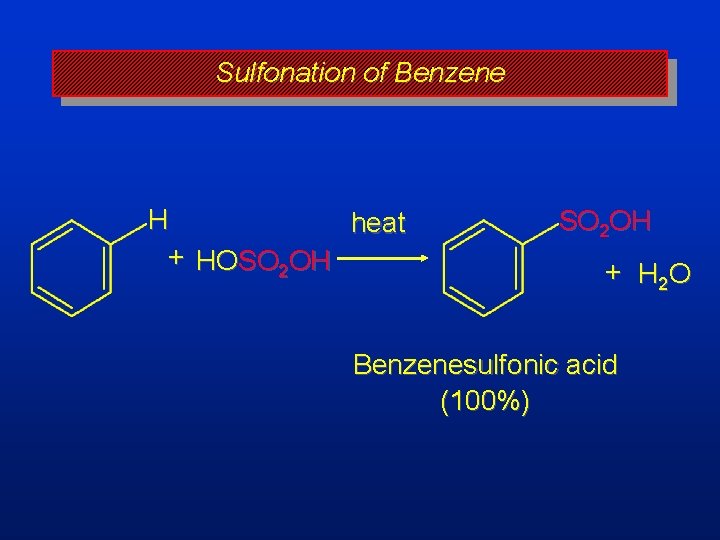 Sulfonation of Benzene H heat + HOSO 2 OH + H 2 O Benzenesulfonic
