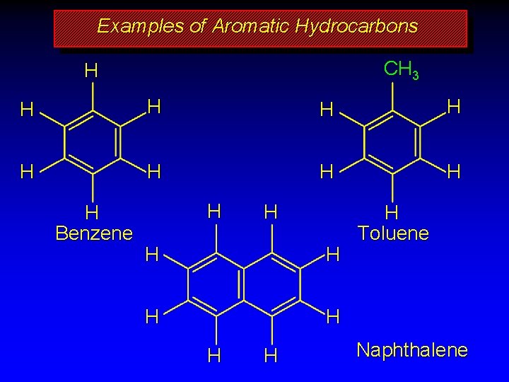 Examples of Aromatic Hydrocarbons CH 3 H H H H H Benzene H H