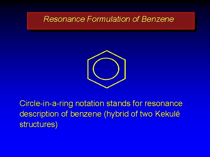 Resonance Formulation of Benzene Circle-in-a-ring notation stands for resonance description of benzene (hybrid of