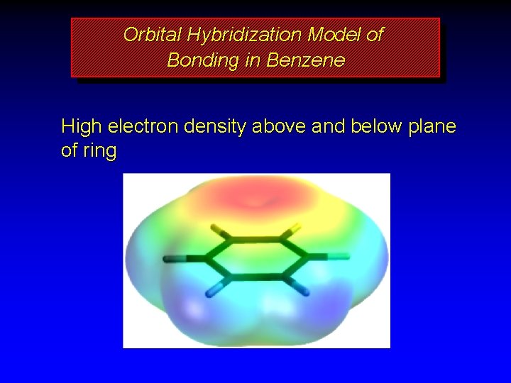 Orbital Hybridization Model of Bonding in Benzene High electron density above and below plane