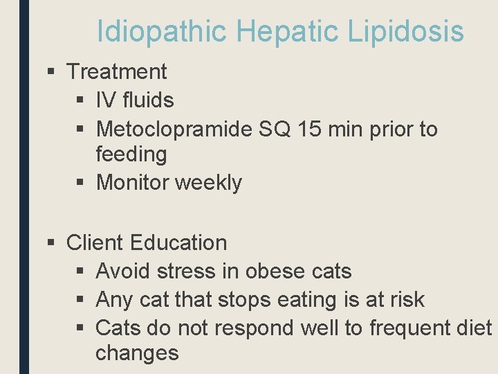 Idiopathic Hepatic Lipidosis § Treatment § IV fluids § Metoclopramide SQ 15 min prior