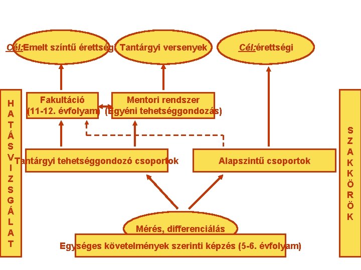 Cél: Emelt színtű érettségi Tantárgyi versenyek Cél: érettségi Fakultáció Mentori rendszer H A (11