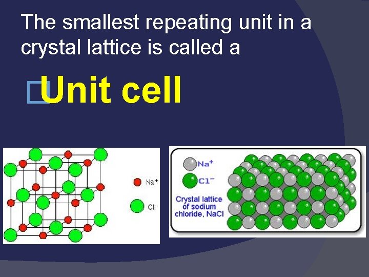 The smallest repeating unit in a crystal lattice is called a �Unit cell The smallest repeating unit in a crystal lattice is called a �Unit cell