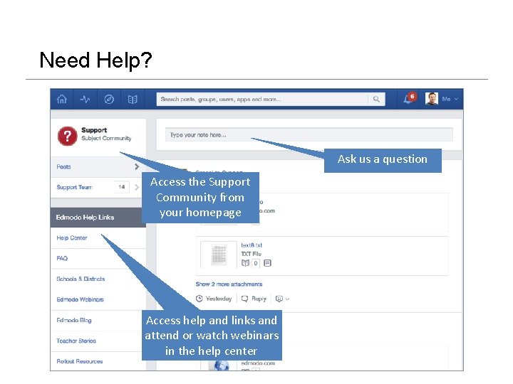 Need Help? Ask us a question Access the Support Community from your homepage Access