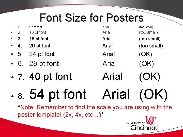 Font Size for Posters • 1. 12 pt font Arial (too small) • 2.