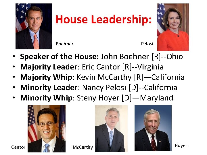House Leadership: Boehner • • • Pelosi Speaker of the House: John Boehner [R]--Ohio