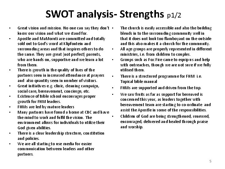 SWOT analysis- Strengths p 1/2 • • • Great vision and mission. No one