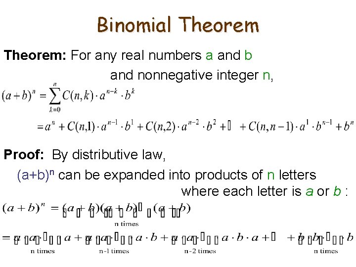 Binomial Theorem: For any real numbers a and b and nonnegative integer n, Proof: