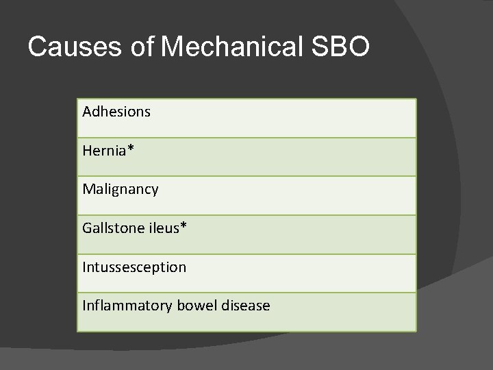 Causes of Mechanical SBO Adhesions Hernia* Malignancy Gallstone ileus* Intussesception Inflammatory bowel disease 
