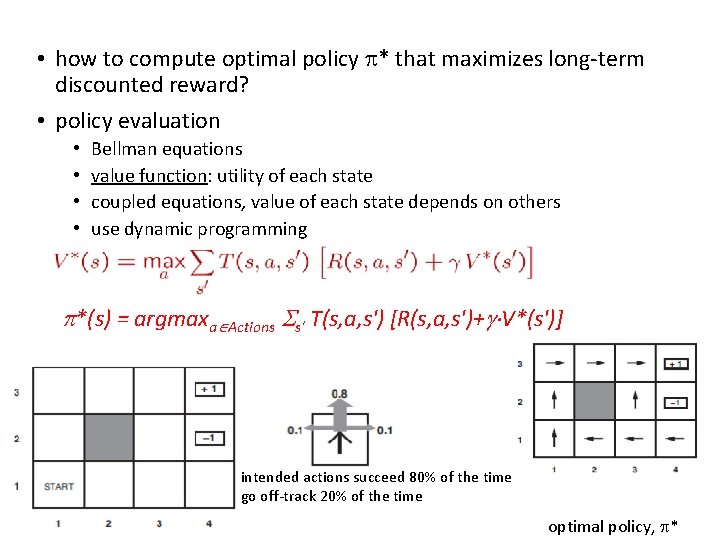  • how to compute optimal policy p* that maximizes long-term discounted reward? •