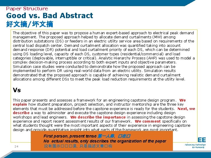 Paper Structure Good vs. Bad Abstract 好文摘/坏文摘 The objective of this paper was to