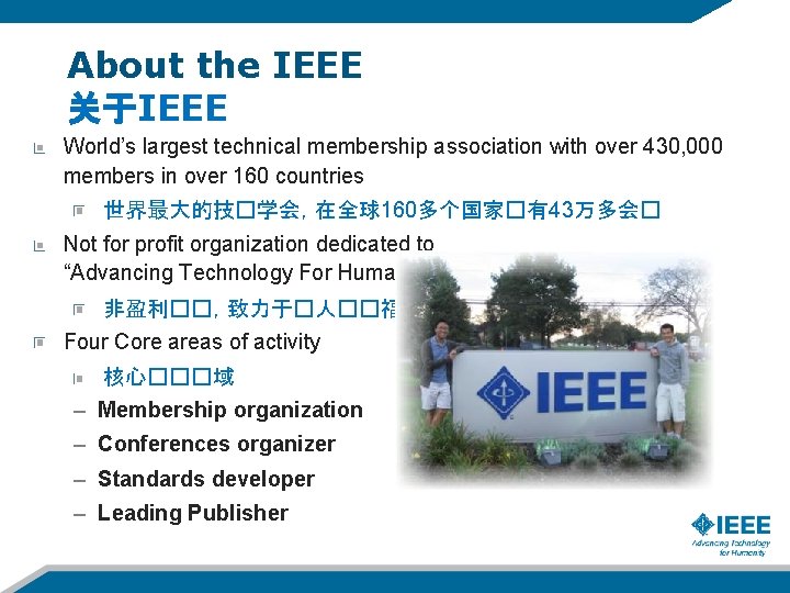 About the IEEE 关于IEEE World’s largest technical membership association with over 430, 000 members