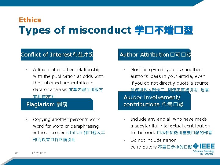 Ethics Types of misconduct 学�不端�型 Conflict of Interest利益冲突 • A financial or other relationship