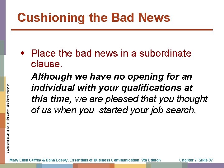 Cushioning the Bad News w Place the bad news in a subordinate clause. ©