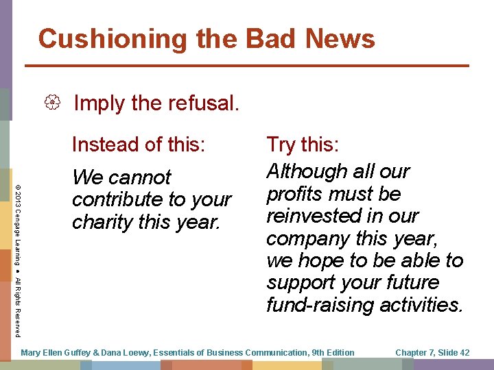 Cushioning the Bad News Imply the refusal. Instead of this: © 2013 Cengage Learning