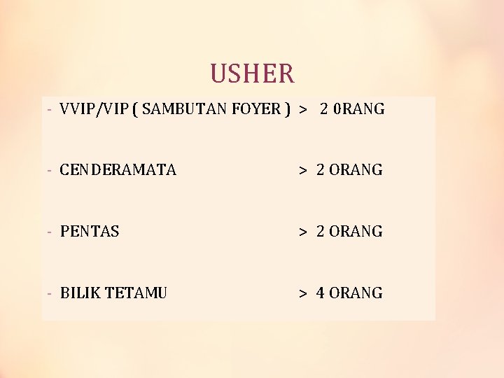 USHER - VVIP/VIP ( SAMBUTAN FOYER ) > 2 0 RANG - CENDERAMATA >