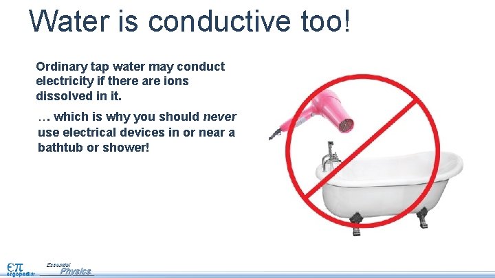 Water is conductive too! Ordinary tap water may conduct electricity if there are ions
