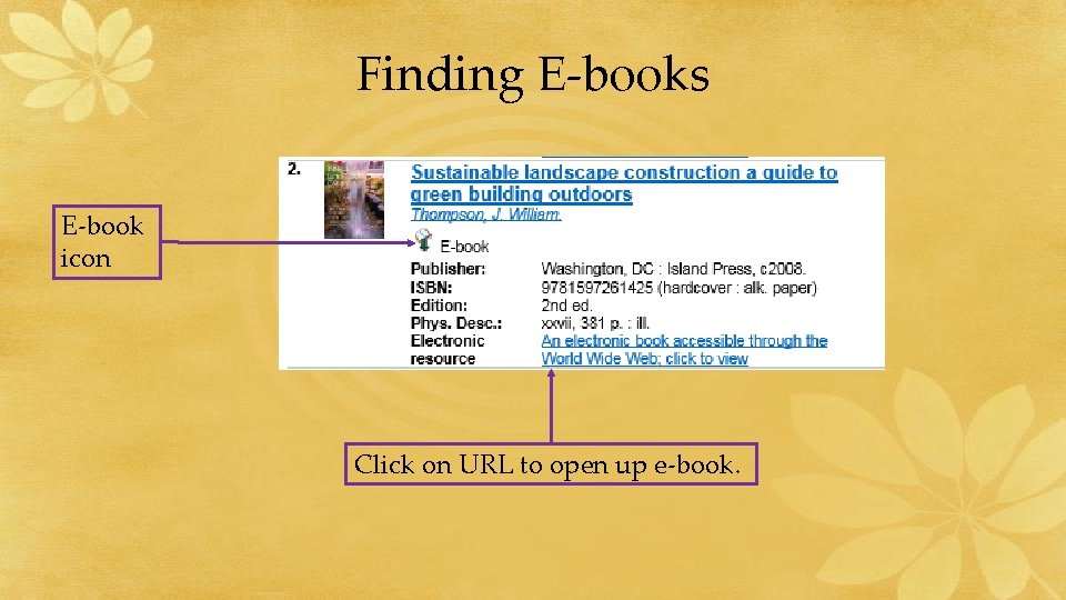 Finding E-books E-book icon Click on URL to open up e-book. 