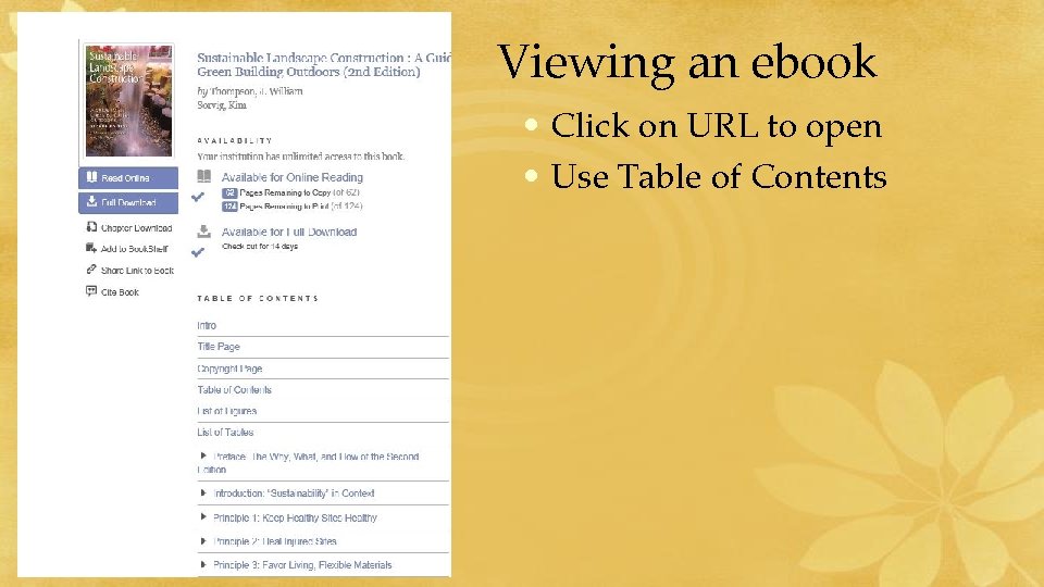 Viewing an ebook • Click on URL to open • Use Table of Contents