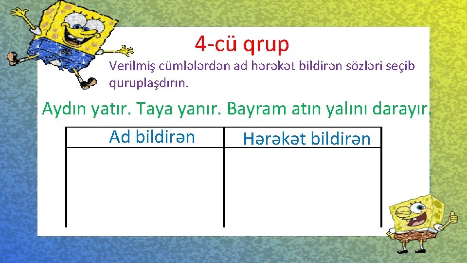 4 -cü qrup Verilmiş cümlələrdən ad hərəkət bildirən sözləri seçib quruplaşdırın. Aydın yatır. Taya
