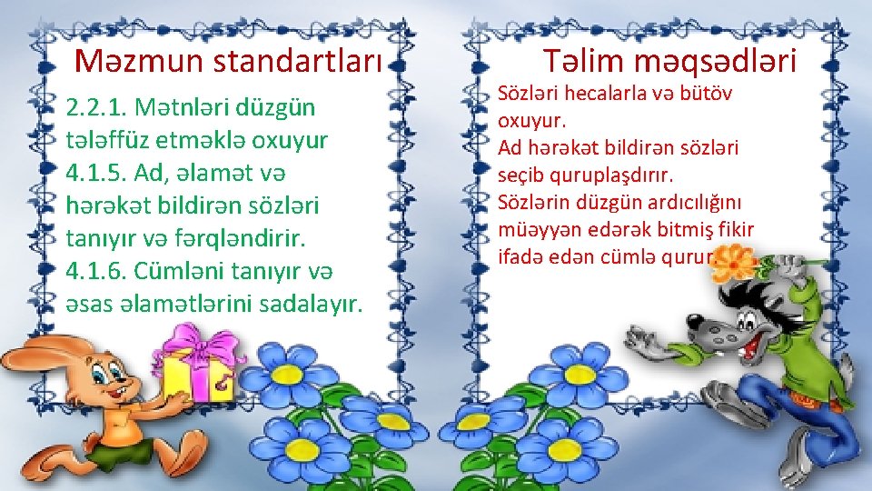 Məzmun standartları 2. 2. 1. Mətnləri düzgün tələffüz etməklə oxuyur 4. 1. 5. Ad,