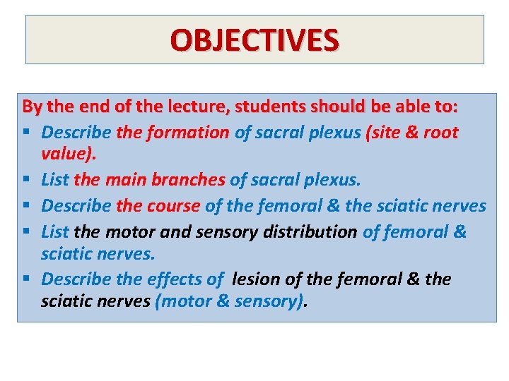 OBJECTIVES By the end of the lecture, students should be able to: § Describe