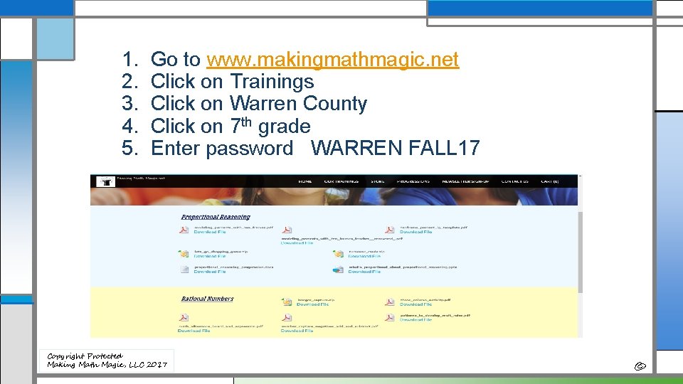 1. 2. 3. 4. 5. Go to www. makingmathmagic. net Click on Trainings Click