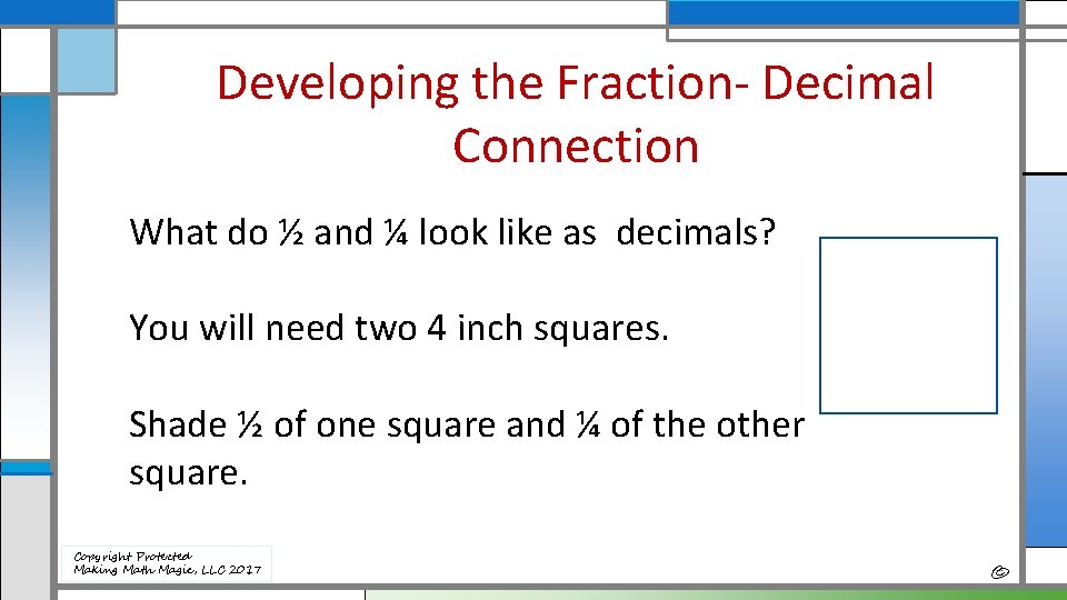 Developing the Fraction- Decimal Connection What do ½ and ¼ look like as decimals?