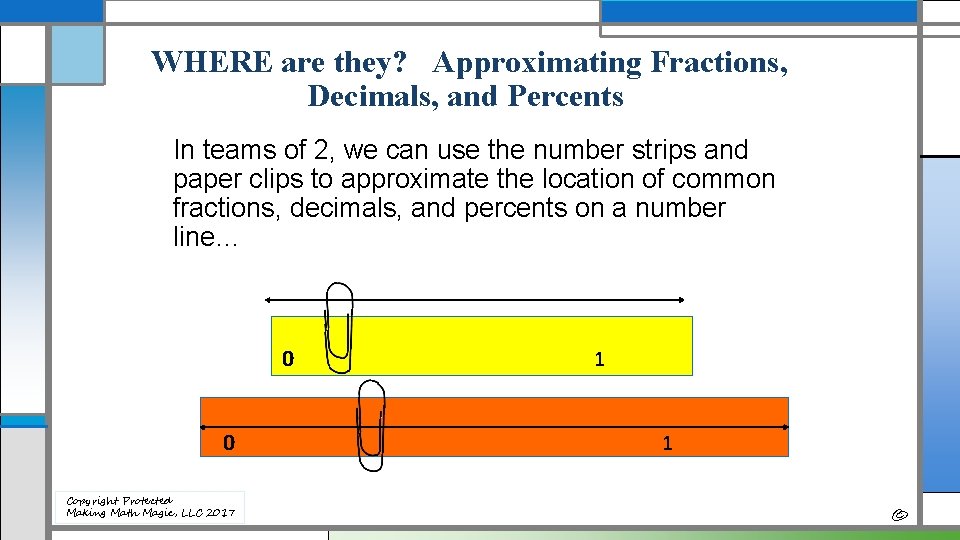 WHERE are they? Approximating Fractions, Decimals, and Percents In teams of 2, we can