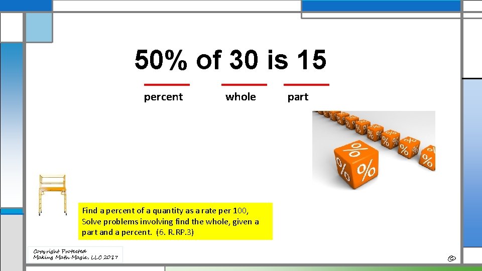 50% of 30 is 15 percent whole part Find a percent of a quantity