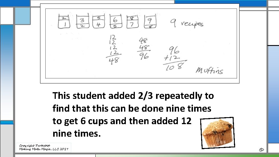 This student added 2/3 repeatedly to find that this can be done nine times