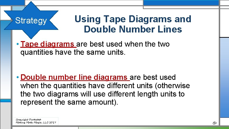 Strategy Using Tape Diagrams and Double Number Lines • Tape diagrams are best used