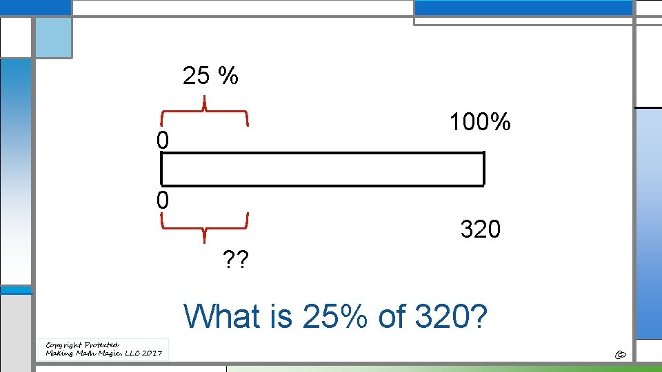 25 % 100% 0 0 320 ? ? What is 25% of 320? Copyright