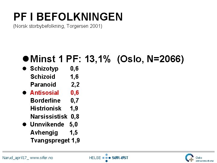 PF I BEFOLKNINGEN (Norsk storbybefolkning, Torgersen 2001) l Minst 1 PF: 13, 1% (Oslo,