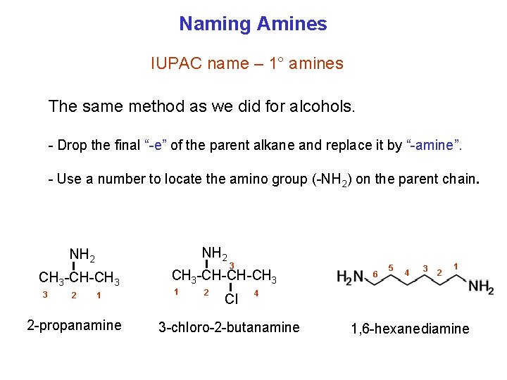 Naming Amines IUPAC name – 1° amines The same method as we did for