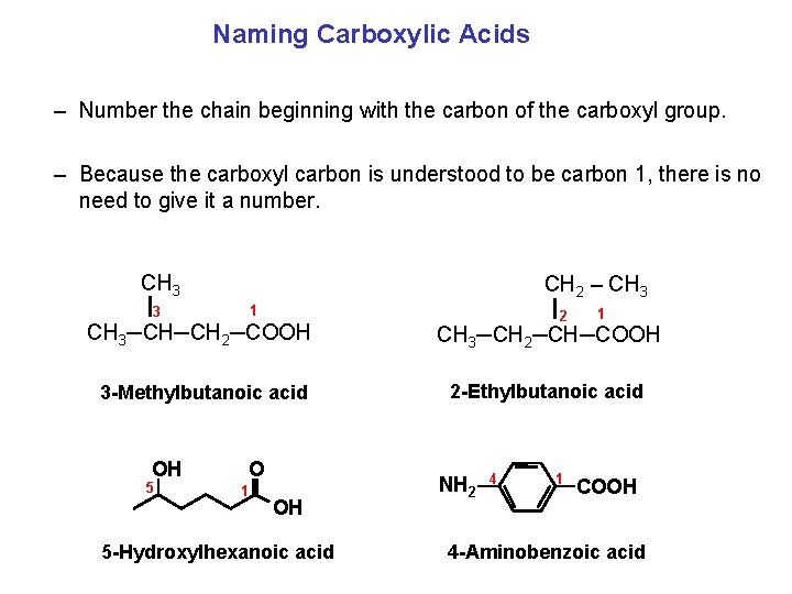 Naming Carboxylic Acids – Number the chain beginning with the carbon of the carboxyl