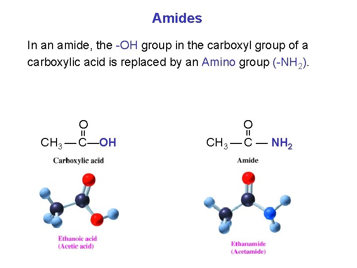 Amides In an amide, the OH group in the carboxyl group of a carboxylic