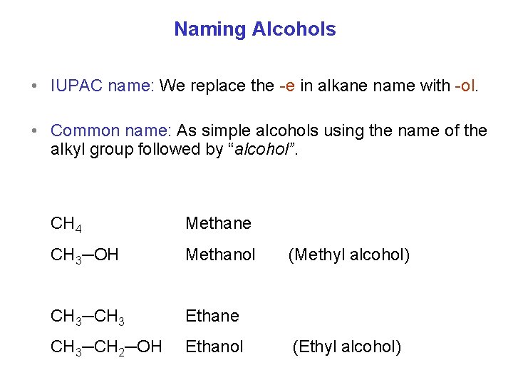 Naming Alcohols • IUPAC name: We replace the e in alkane name with ol.