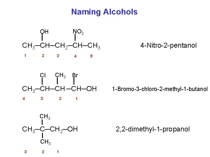 Naming Alcohols NO 2 OH CH 3─CH─CH 2─CH─CH 3 1 2 Cl 3 CH