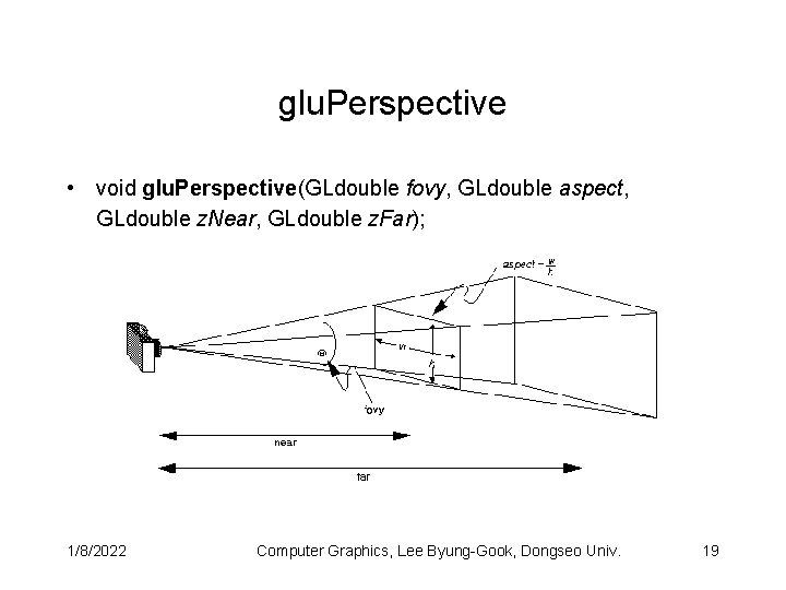 glu. Perspective • void glu. Perspective(GLdouble fovy, GLdouble aspect, GLdouble z. Near, GLdouble z.