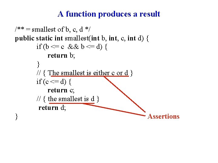 A function produces a result /** = smallest of b, c, d */ public