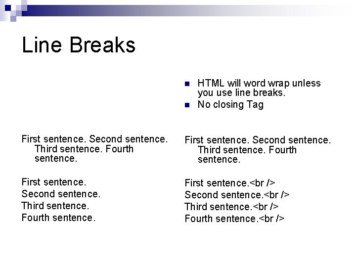 Line Breaks n n HTML will word wrap unless you use line breaks. No