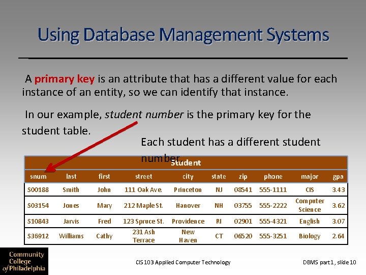 Using Database Management Systems A primary key is an attribute that has a different Using Database Management Systems A primary key is an attribute that has a different