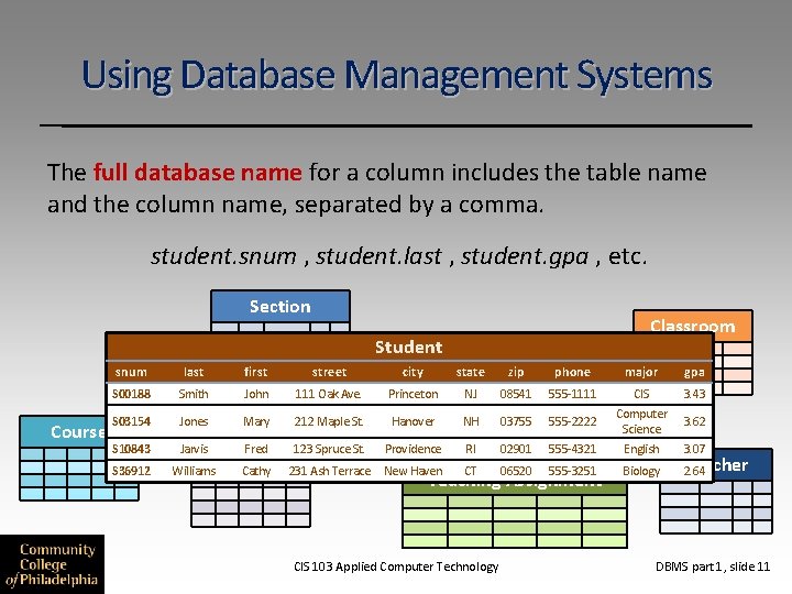 Using Database Management Systems The full database name for a column includes the table Using Database Management Systems The full database name for a column includes the table