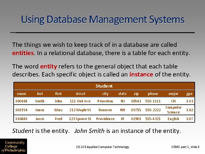 Using Database Management Systems The things we wish to keep track of in a Using Database Management Systems The things we wish to keep track of in a