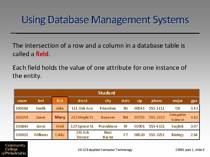 Using Database Management Systems The intersection of a row and a column in a Using Database Management Systems The intersection of a row and a column in a