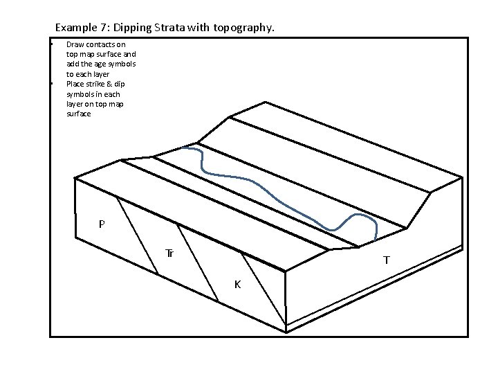 Example 7: Dipping Strata with topography. • • Draw contacts on top map surface