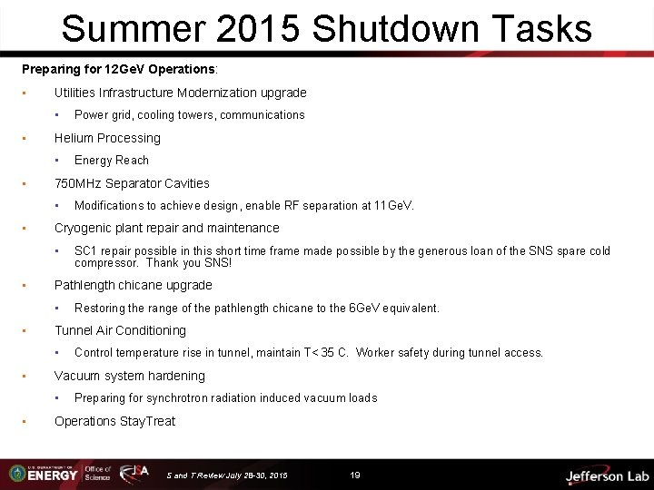 Summer 2015 Shutdown Tasks Preparing for 12 Ge. V Operations: • Utilities Infrastructure Modernization