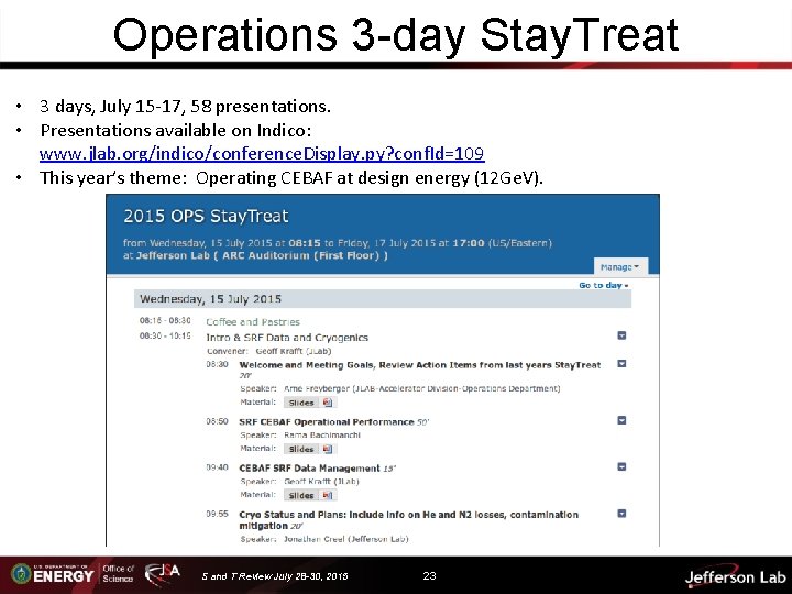 Operations 3 -day Stay. Treat • 3 days, July 15 -17, 58 presentations. •